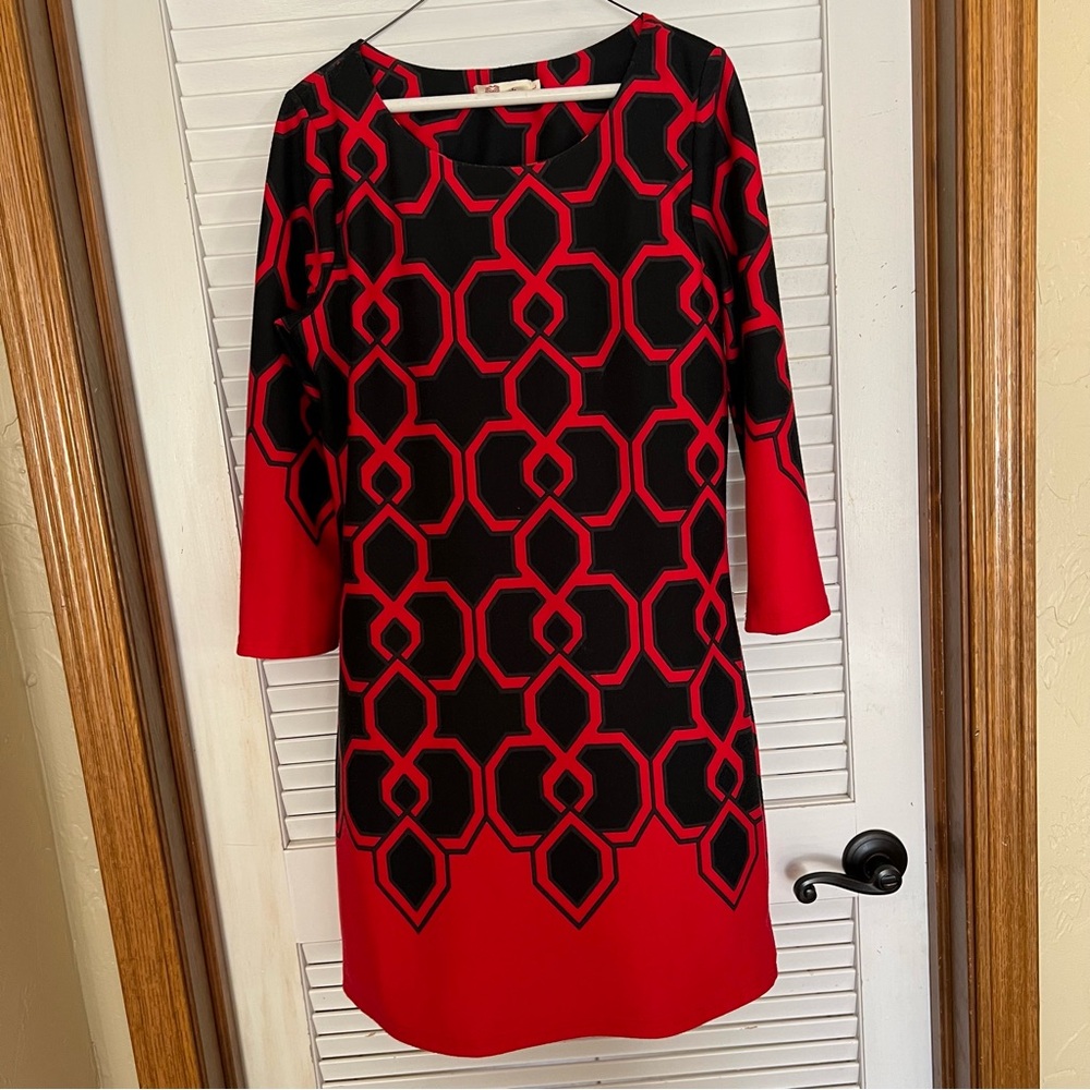 ARYEH Black & Red Pattern 3/4 Sleeve Dress Size Large